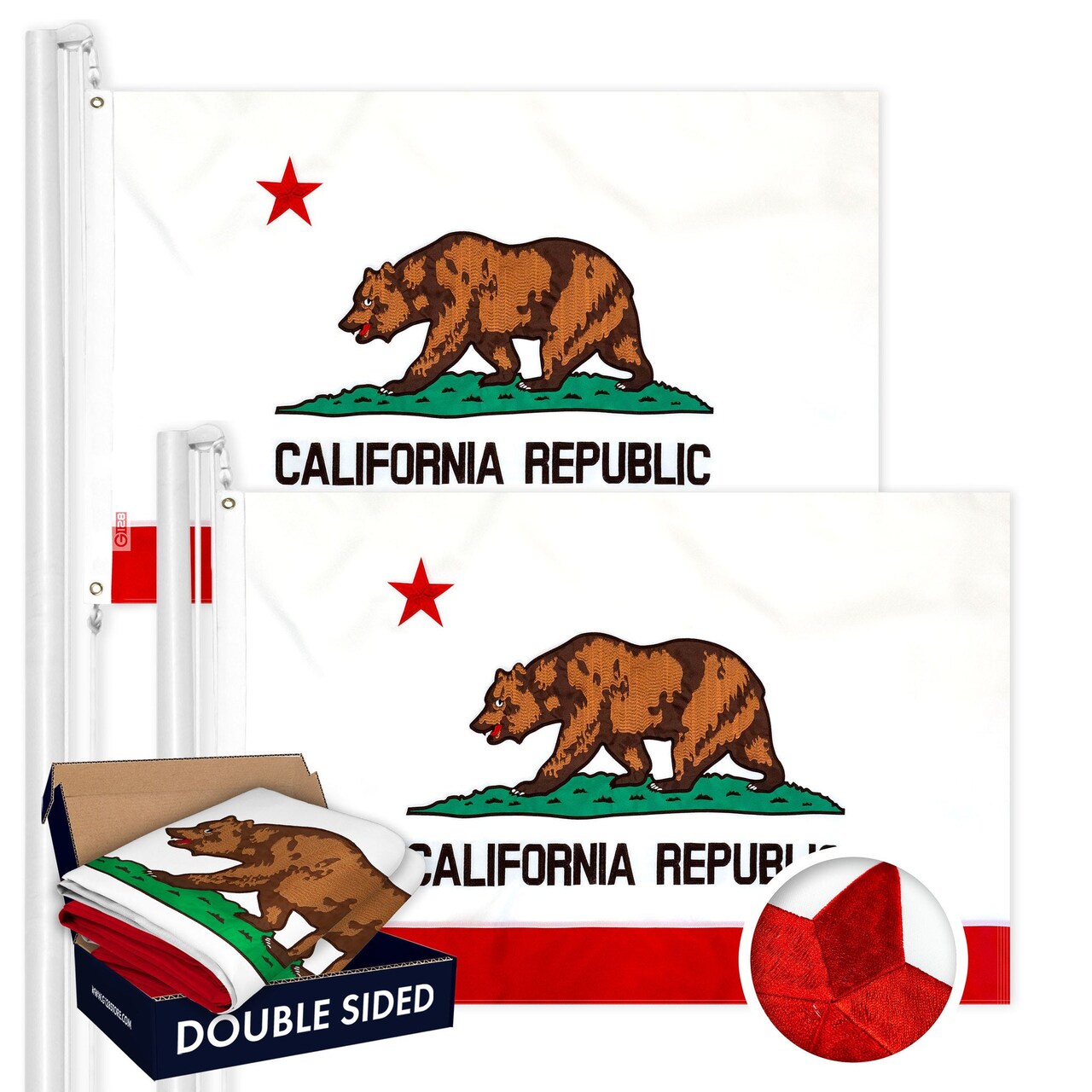 G128 2 PACK: California 4x6 Ft Double Sided Embroidered 210D Indoor/Outdoor, Brass Grommets, Heavy Duty Polyester, 3-ply